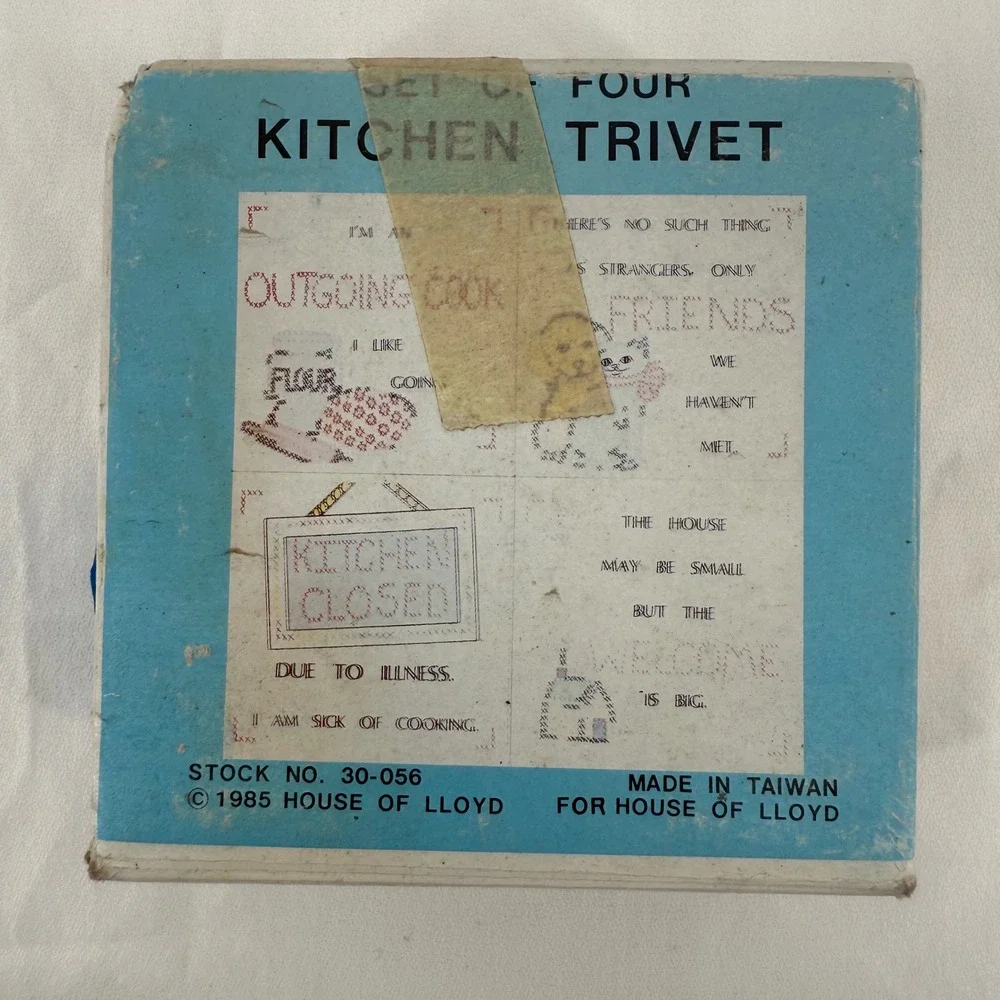 Vintage 1985 House of Lloyd Kitchen Trivet Set of 4 Cross‎ Stitch Ceramic